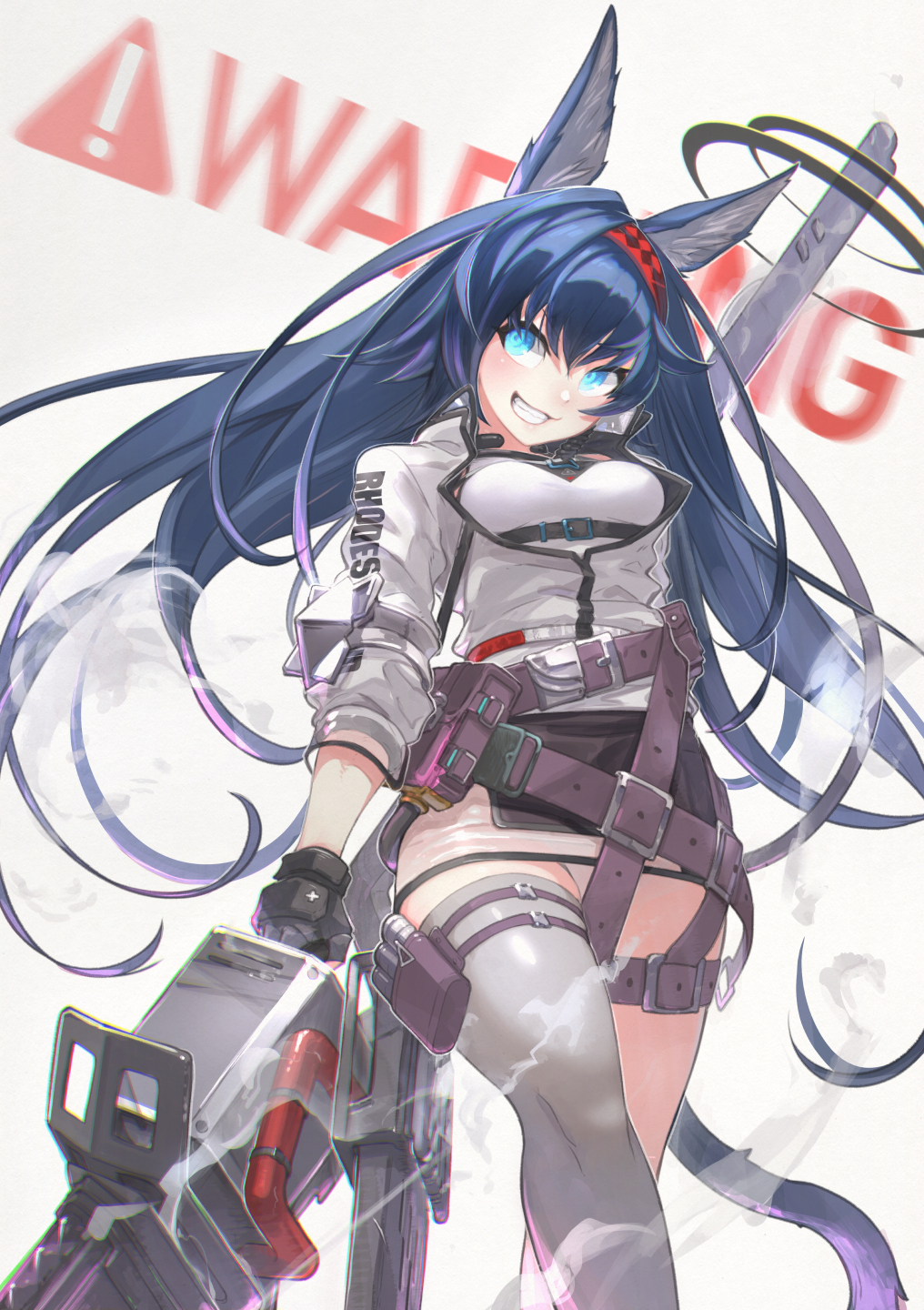 1girl animal_ears arknights bangs black_skirt blaze_(arknights) blue_eyes blue_hair breasts commentary_request eyebrows_behind_hair grey_background grey_legwear grin hair_between_eyes hairband highres holding holding_weapon jacket long_hair medium_breasts pencil_skirt red_hairband see-through shirt sign single_thighhigh skirt smile solo tail thigh-highs very_long_hair warning_sign weapon white_jacket white_shirt yunar