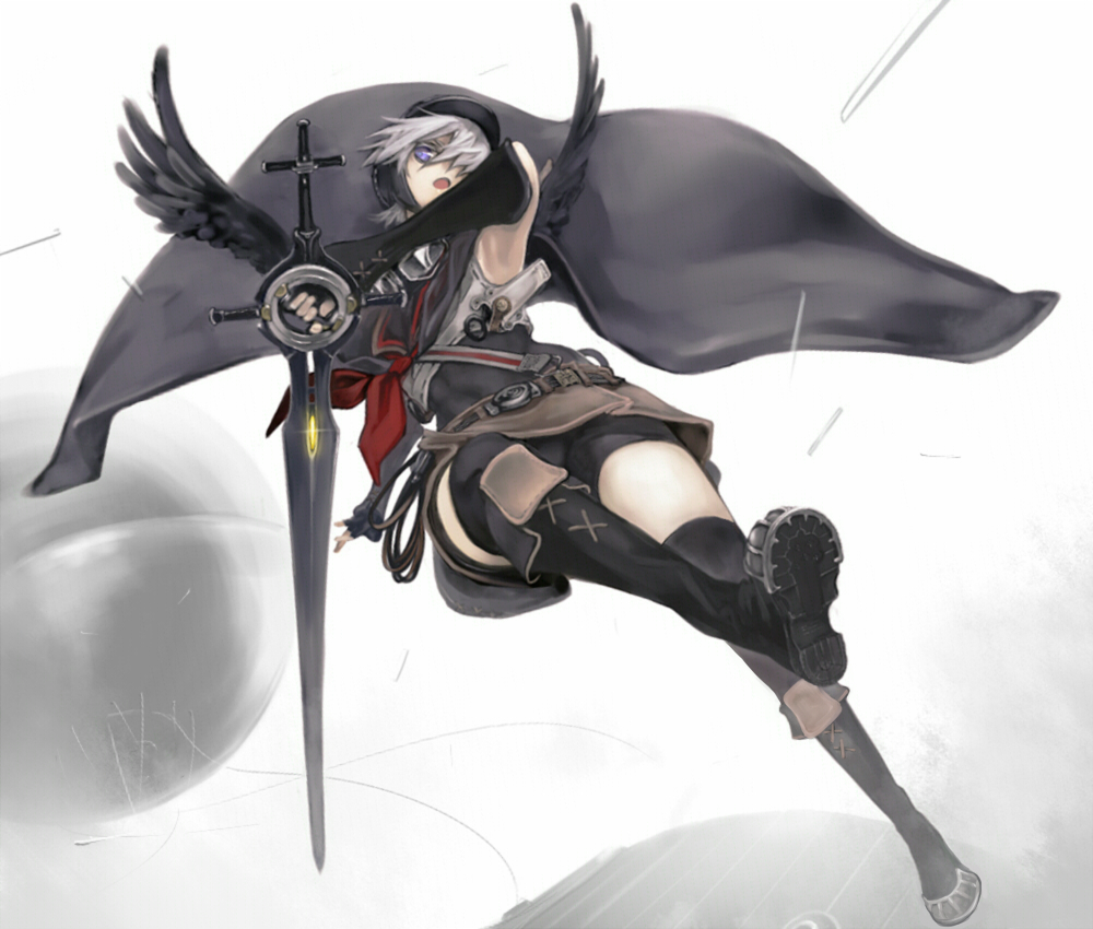 1girl armpits belt black_cape black_footwear black_gloves black_headwear black_legwear black_wings boots cape character_request cross elbow_gloves feathered_wings fingerless_gloves fingernails gloves goggles goggles_around_neck hair_over_one_eye hat holding holding_sword holding_weapon lens_flare open_mouth pixiv_fantasia pixiv_fantasia_3 rope short_hair solo sword thigh-highs violet_eyes weapon white_hair wings yunar