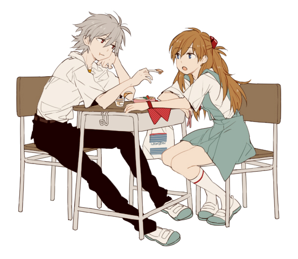 0930erina 1boy 1girl belt black_pants blue_eyes blue_shirt blue_skirt chair collar desk grey_hair hair_ornament hairclip holding holding_spoon long_hair nagisa_kaworu neck_ribbon neon_genesis_evangelion orange_hair pants red_eyes ribbon school_chair school_desk school_uniform shirt shoes short_hair short_sleeves simple_background sitting skirt socks souryuu_asuka_langley spoon table uwabaki white_background white_collar white_legwear white_shirt wristband