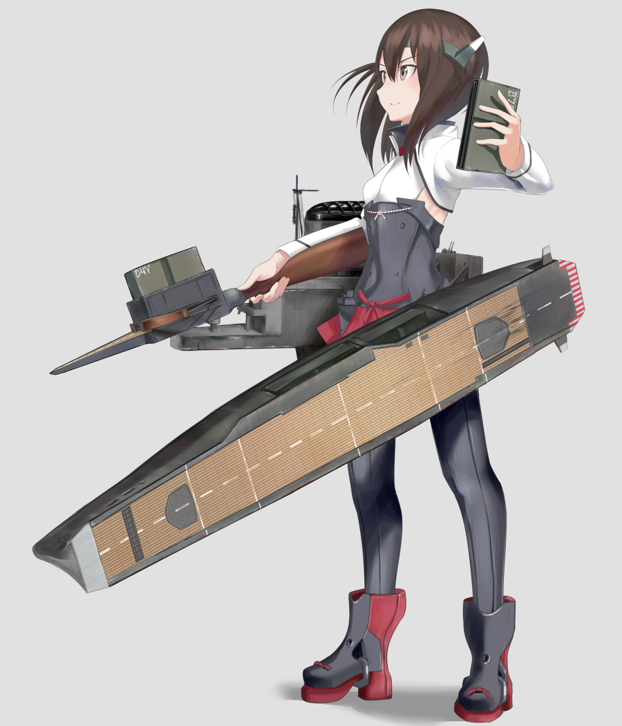 1girl bangs black_legwear boots bow_(weapon) breasts brown_eyes brown_hair crossbow flight_deck fujibejifu full_body grey_background headband headgear holding kantai_collection long_sleeves pantyhose red_skirt rigging short_hair simple_background skirt small_breasts smile solo standing taihou_(kantai_collection) weapon