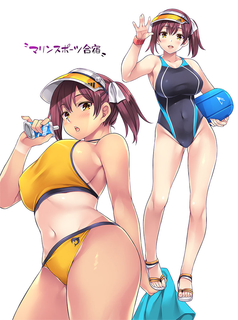 1girl bikini black_swimsuit breasts brown_hair commentary_request competition_swimsuit cowboy_shot large_breasts long_hair looking_at_viewer mizuhara_yuu multiple_views one-piece_swimsuit one-piece_tan original simple_background sports_bikini standing swimsuit tan tanline translation_request twintails visor_cap white_background wide_hips yellow_bikini yellow_eyes