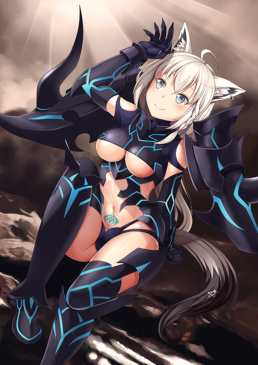 agrius_metamorphosis animal_ear_fluff animal_ears aqua_eyes atalanta_(alter)_(fate) atalanta_(alter)_(fate)_(cosplay) atalanta_(fate) breasts collar commission cosplay dragon_horns fate/grand_order fate_(series) fox_ears fox_girl fox_tail hololive horns long_hair medium_breasts midriff pentagram ponytail pubic_tattoo shirakami_fubuki tail tattoo under_boob virtual_youtuber white_hair yasume_yukito