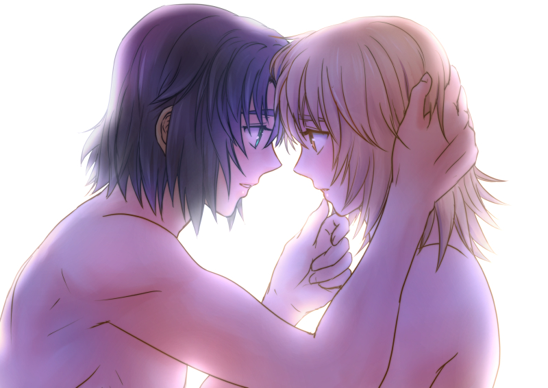1boy 1girl backlighting black_hair blonde_hair blue_eyes brown_eyes cagalli_yula_athha couple eye_contact from_side gundam gundam_seed hand_in_another's_hair looking_at_another nude open_mouth parubinko short_hair upper_body