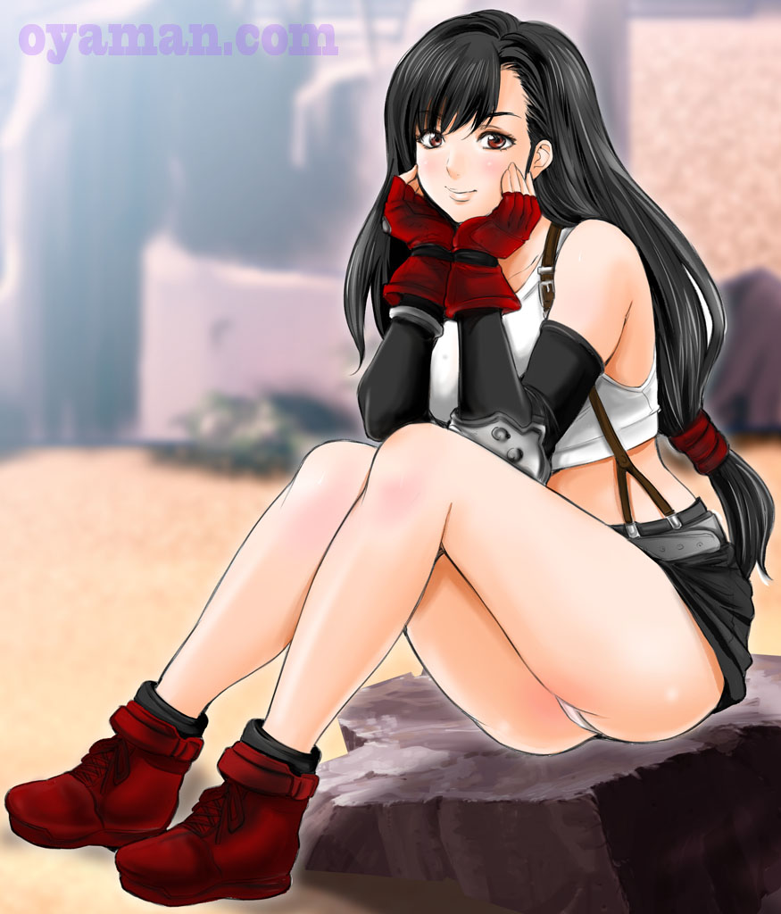 1girl ankle_boots bangs belt black_belt black_hair black_skirt blurry blurry_background boots chin_rest closed_mouth commentary_request day depth_of_field elbow_pads eyebrows_visible_through_hair final_fantasy final_fantasy_vii fingerless_gloves gloves hair_ornament hair_scrunchie long_hair looking_at_viewer low-tied_long_hair midriff miniskirt no_socks outdoors oyaman panties pantyshot pencil_skirt red_eyes red_footwear red_gloves red_scrunchie rock scrunchie shirt sitting skirt smile solo suspender_skirt suspenders tank_top tifa_lockhart underwear watermark web_address white_panties white_shirt