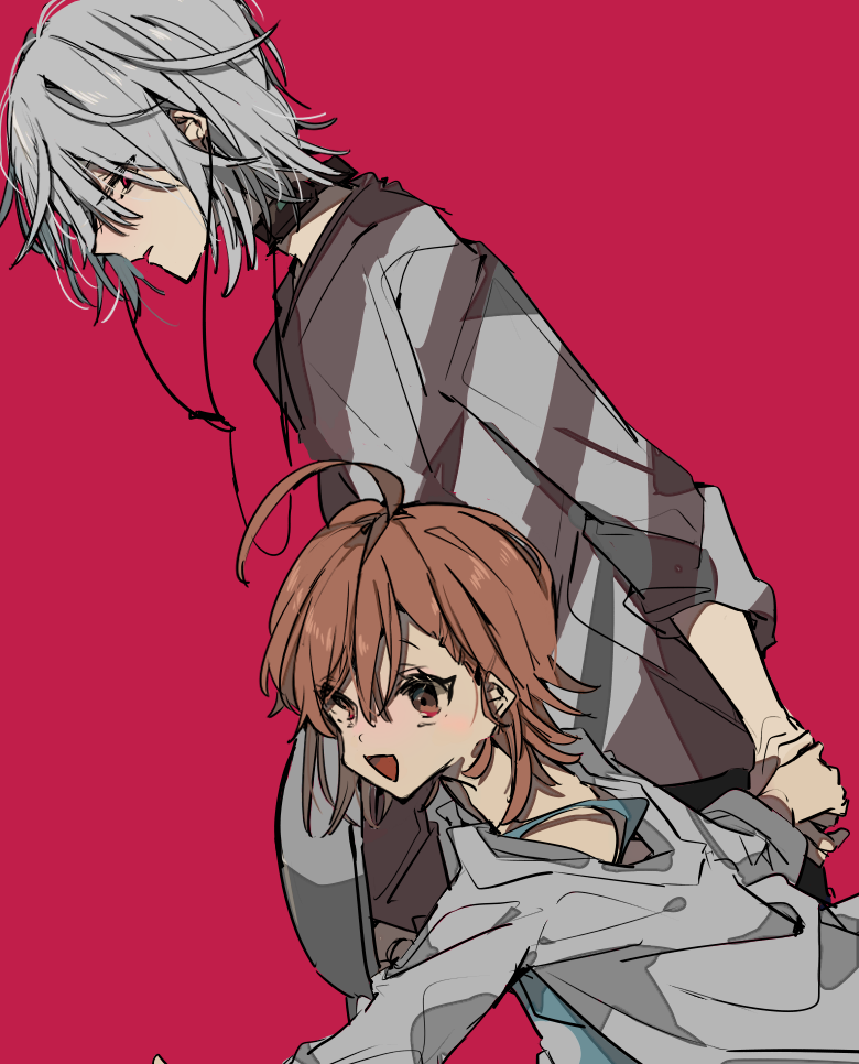 1boy 1girl accelerator age_difference ahoge black_choker blush brown_eyes brown_hair choker earphones earphones eyes_visible_through_hair grey_hair holding holding_hands ihako last_order looking_down open_mouth parted_lips red_background red_eyes short_hair simple_background smile to_aru_majutsu_no_index