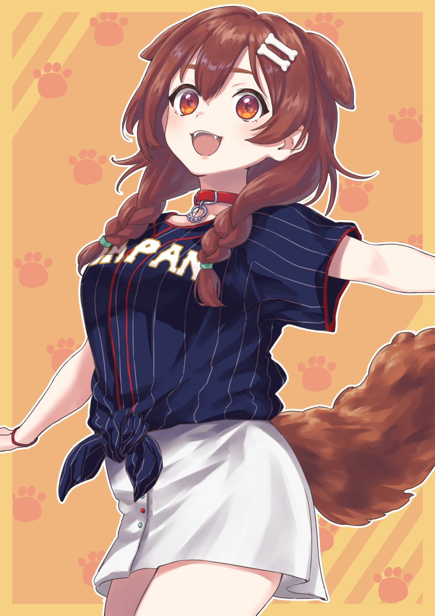 1girl :d animal_ears baseball_uniform blue_shirt bone_hair_ornament braid breasts choker commentary cowboy_shot dog_ears dog_tail fangs g9_(jiiku) hair_between_eyes highres hololive inugami_korone japan looking_at_viewer medium_breasts medium_hair miniskirt open_mouth orange_background outstretched_arm patterned_background paw_print_background paw_print_pattern pinstripe_pattern red_choker red_eyes shirt short_sleeves side_braids simple_background skirt smile solo sportswear striped striped_shirt tail thighs tied_shirt twin_braids vertical-striped_shirt vertical_stripes virtual_youtuber white_skirt wristband