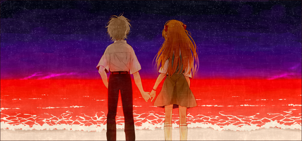 0930erina 1boy 1girl belt black_pants blue_skirt from_behind grey_hair hair_ornament hairclip holding_hands long_hair nagisa_kaworu neon_genesis_evangelion ocean orange_hair pants school_uniform shirt shirt_tucked_in short_hair short_sleeves skirt souryuu_asuka_langley star_(sky) white_shirt wristband