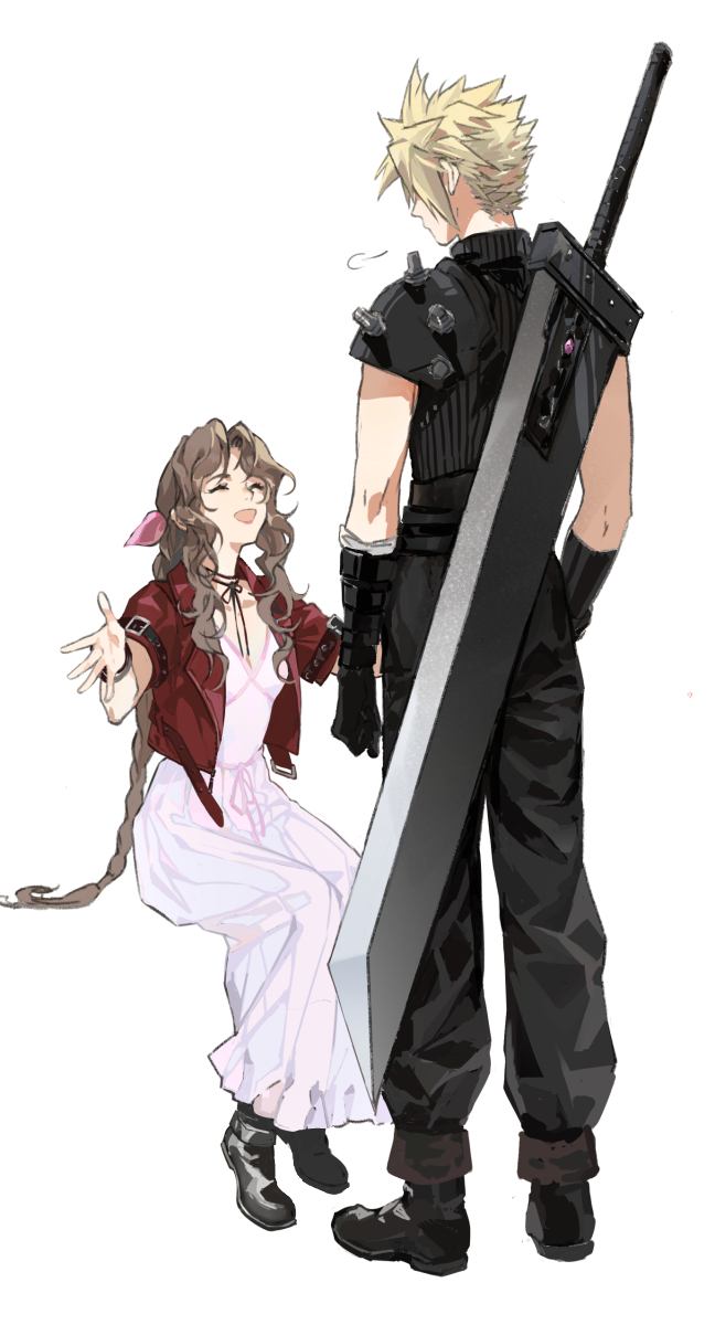 1boy 1girl ^_^ ^o^ aerith_gainsborough bangs black_footwear black_gloves black_pants black_shirt blonde_hair bracelet braid braided_ponytail breasts brown_hair buster_sword closed_eyes cloud_strife cropped_jacket dress elbow_gloves final_fantasy final_fantasy_vii final_fantasy_vii_remake full_body gloves hair_ribbon highres invisible_chair jacket jewelry lips loli_bushi long_hair looking_at_another open_clothes open_jacket open_mouth outstretched_arms pants parted_bangs red_jacket ribbed_shirt ribbon shirt shoes short_hair shoulder_armor side_braids sigh simple_background sitting sleeveless sleeveless_shirt small_breasts smile spiky_hair standing turtleneck wavy_hair weapon weapon_on_back white_background white_dress