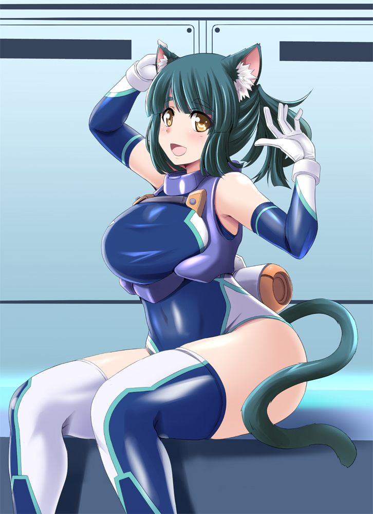 1girl :d animal_ear_fluff animal_ears bangs bare_shoulders blush bodysuit cat_ears cat_tail covered_navel detached_sleeves eyebrows_visible_through_hair gloves green_hair leotard medium_hair milk_(tonpuu) open_mouth original ponytail shiny shiny_clothes sidelocks sitting skin_tight smile solo tail tareme thigh-highs thighs tonpuu white_gloves yellow_eyes