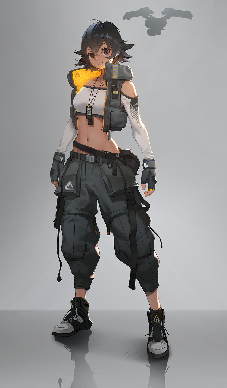 1girl big.c black_hair brown_eyes cargo_pants cyberpunk dark_skin dog_tags drone fanny_pack fingerless_gloves gloves grey_gloves highres long_sleeves looking_at_viewer midriff navel original pants science_fiction short_hair solo standing strapless tactical_clothes tubetop