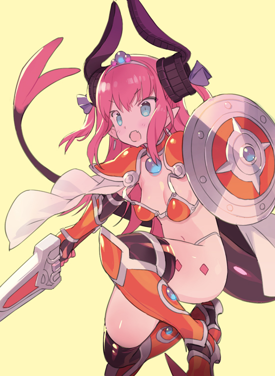 1girl armor armored_boots bangs beige_background bikini_armor black_legwear blade_(galaxist) blue_eyes blush boots breasts cape choker curled_horns dragon_girl dragon_horns dragon_tail elizabeth_bathory_(brave)_(fate) elizabeth_bathory_(fate)_(all) eyebrows_visible_through_hair fang fate/grand_order fate_(series) hair_ribbon holding holding_sword holding_weapon horns knee_boots long_hair looking_away navel one_knee open_mouth oversized_clothes pauldrons pink_hair pointy_ears purple_ribbon red_choker red_footwear ribbon shield shoulder_armor simple_background small_breasts solo spiked_boots sword tail thigh-highs thighhighs_under_boots tiara two_side_up v-shaped_eyebrows vambraces very_long_hair weapon white_cape