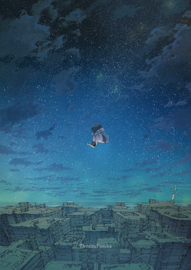 1girl artist_name black_hair boots building city cityscape commentary dark demizu_posuka horizon leg_hug long_hair night night_sky ocean original sky solo star_(sky) starry_sky