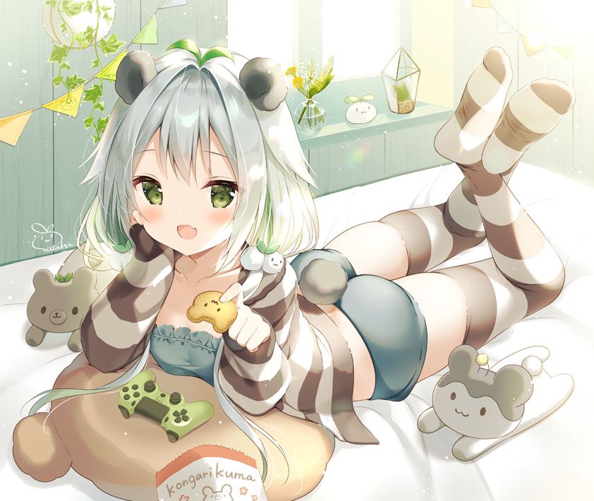 1girl :d animal_ears ass bangs bear_ears bear_girl bear_tail bed_sheet blue_shorts blush breasts collarbone commentary_request controller cookie copyright_request eyebrows_visible_through_hair fang food full_body futaba_miwa game_controller green_eyes hair_ornament holding holding_food indoors jacket legs_up long_hair long_sleeves looking_at_viewer low_twintails lying on_stomach open_clothes open_jacket open_mouth pennant romaji_text short_shorts shorts silver_hair sleeves_past_wrists small_breasts smile soles solo string_of_flags striped striped_jacket striped_legwear stuffed_animal stuffed_toy tail teddy_bear thigh-highs twintails virtual_youtuber