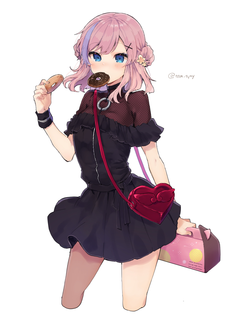 1girl bag black_dress blue_eyes cowboy_shot double_bun doughnut dress flower food hair_flower hair_ornament hand_up heart-shaped_bag holding ikeuchi_tanuma looking_at_viewer mouth_hold multicolored_hair original pastry_box pink_hair short_dress short_hair shoulder_bag simple_background solo standing streaked_hair twitter_username white_background wristband x_hair_ornament