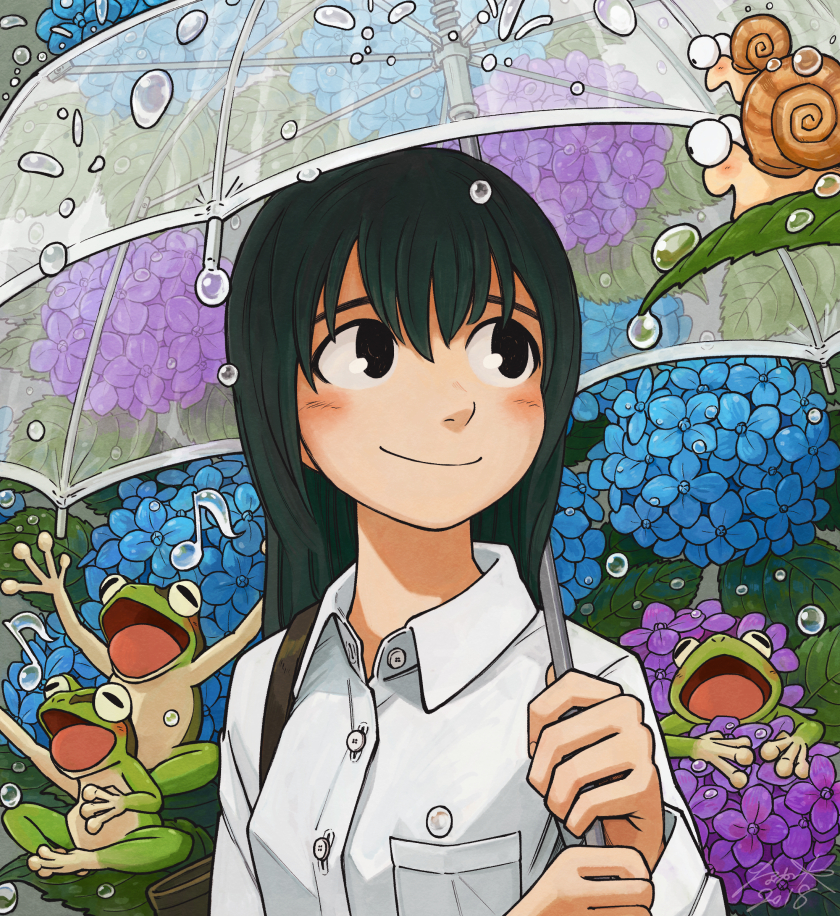 1girl animal black_eyes black_hair blue_flower blush dated day flower frog holding holding_umbrella hydrangea kohei_nakaya leaf long_hair long_sleeves musical_note original outdoors parasol purple_flower rain shirt signature smile snail umbrella water_drop white_shirt