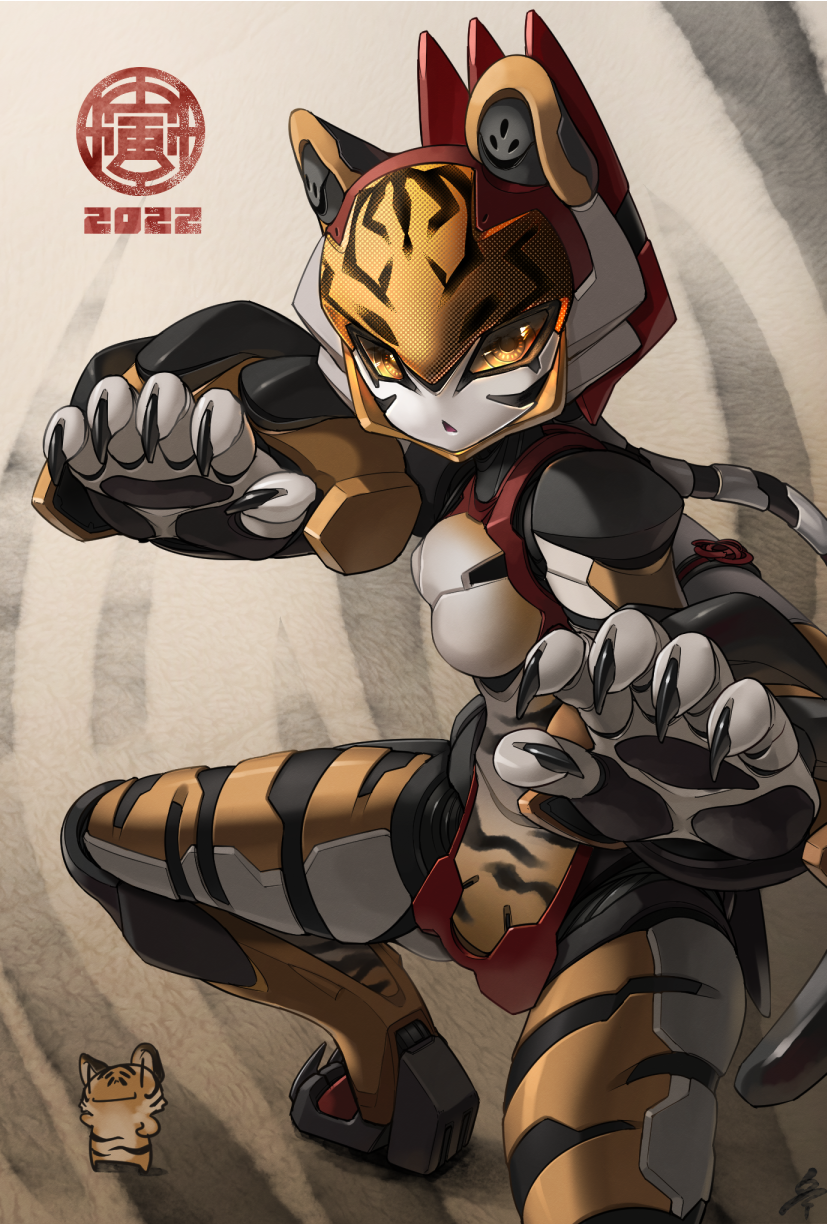 1girl 2022 animal_print breasts chinese_zodiac claws fighting_stance highres humanoid_robot looking_at_viewer looking_away mechanical_ears mechanical_tail medium_breasts no_humans open_mouth original rati_(absoluteblue) solo tail tiger tiger_print year_of_the_tiger