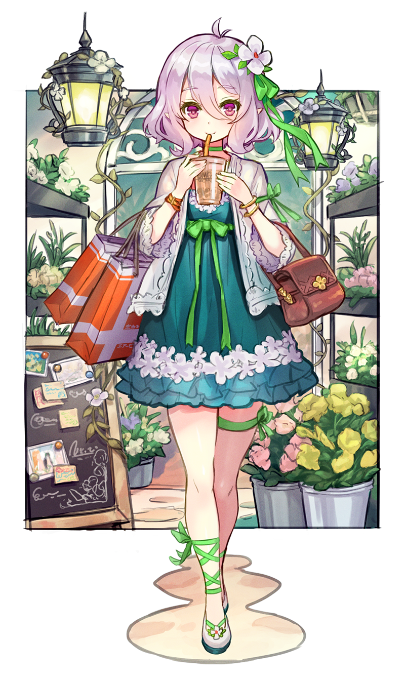 1girl bag bracelet cup drinking_straw elf eyebrows_visible_through_hair flower flower_shop frilled_skirt frills hair_flower hair_ornament hair_ribbon handbag highres jewelry kokkoro_(princess_connect!) omgamilla pink_hair pointy_ears princess_connect! princess_connect!_re:dive red_eyes ribbon shoes shop shopping shopping_bag short_hair skirt window