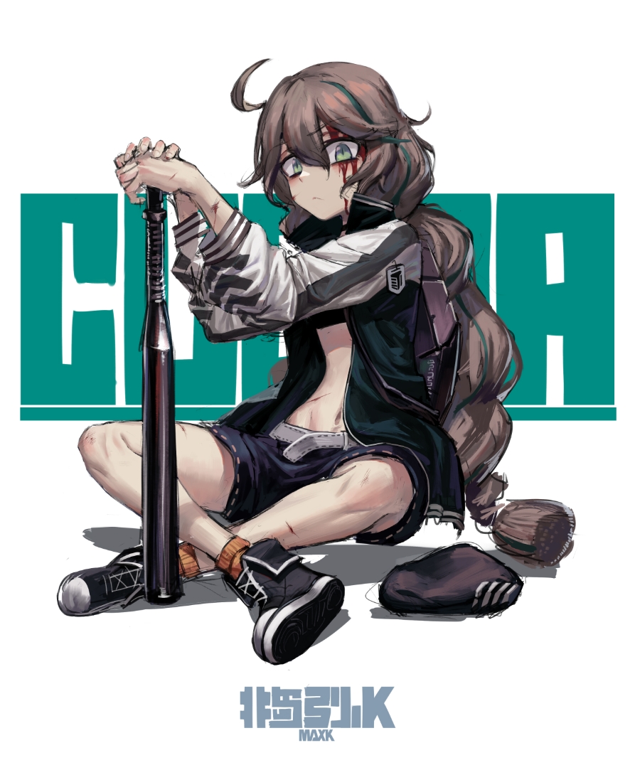1girl ankle_socks arknights artist_name bandaged_head bandages bangs baseball_bat beanie belt blood blood_on_face braid brown_hair character_name chunk-san copyright_name cuora_(arknights) eyebrows_visible_through_hair green_eyes hair_between_eyes hat hat_removed headwear_removed indian_style jacket long_hair long_sleeves looking_at_viewer navel open_clothes open_jacket shoes shorts sitting solo twin_braids very_long_hair white_background