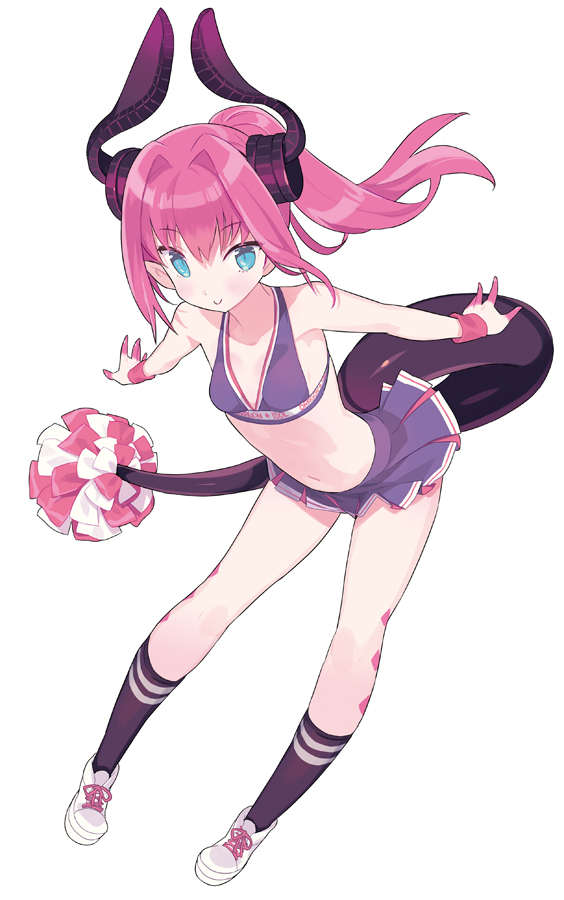 1girl bangs bare_arms bare_shoulders black_legwear blade_(galaxist) blue_eyes blush breasts cheerleader closed_mouth collarbone curled_horns dragon_girl dragon_horns dragon_tail elizabeth_bathory_(fate) elizabeth_bathory_(fate)_(all) eyebrows_visible_through_hair fate/extra fate/extra_ccc fate_(series) full_body hair_between_eyes horns long_hair looking_at_viewer pink_hair pleated_skirt pom_poms ponytail purple_skirt shoes sidelocks simple_background skirt small_breasts smile socks solo tail white_background white_footwear