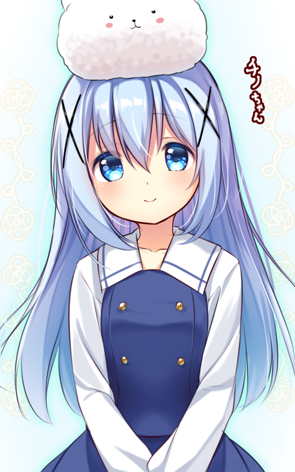 1girl animal_on_head blue_dress blue_eyes blue_hair dress gochuumon_wa_usagi_desu_ka? hair_ornament hairclip hands_together kafuu_chino kafuu_chino's_school_uniform long_hair on_head school_uniform simple_background smile tippy_(gochiusa) upper_body usume_shirou white_background white_sleeves