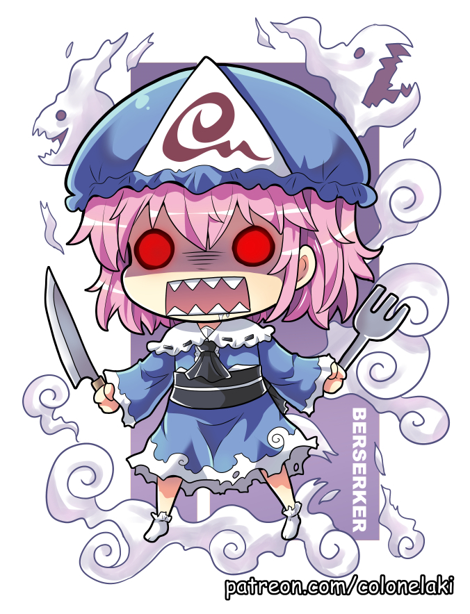 1girl chibi colonel_aki commentary_request dress drooling dual_wielding fork ghost glowing glowing_eyes hat holding holding_fork holding_knife knife mob_cap open_mouth pink_hair red_eyes saigyouji_yuyuko shaded_face sharp_teeth socks solo teeth touhou triangular_headpiece