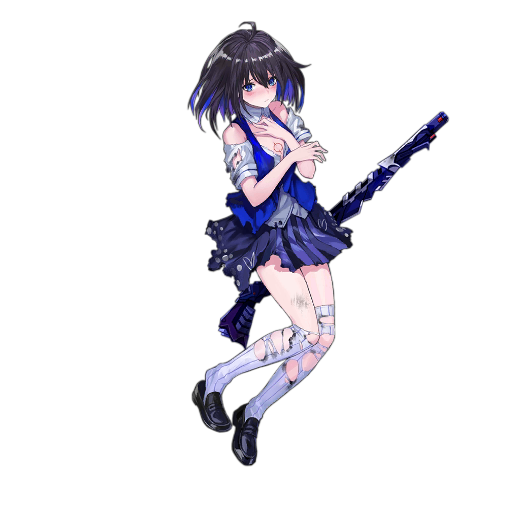 1girl bangs benghuai_xueyuan black_footwear black_hair blouse blue_eyes blue_hair blush closed_mouth collar crossover damaged eyebrows_visible_through_hair full_body girls_frontline gun hair_between_eyes hand_up honkai_(series) infukun light_frown loafers looking_at_viewer medium_hair miniskirt multicolored_hair official_art pleated_skirt rifle scrape seele_vollerei shadow shoes skirt smile solo striped striped_legwear striped_skirt thigh-highs torn_clothes torn_legwear torn_skirt transparent_background two-tone_hair vertical-striped_legwear vertical-striped_skirt vertical_stripes vest watermark weapon web_address white_blouse white_collar white_legwear