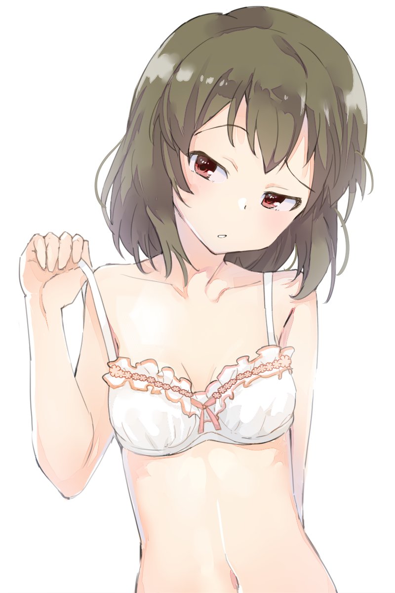 1girl arm_behind_back bangs bare_arms bare_shoulders bow bow_bra bra breasts collarbone commentary_request eyebrows_visible_through_hair floral_print frilled_bra frills green_hair hand_up head_tilt highres hiroki_(yyqw7151) idolmaster idolmaster_million_live! lifted_by_self light_blush looking_at_viewer nagayoshi_subaru navel orange_bow parted_lips print_bra raised_eyebrow red_eyes short_hair simple_background small_breasts solo strap_lift underwear underwear_only upper_body white_background white_bra