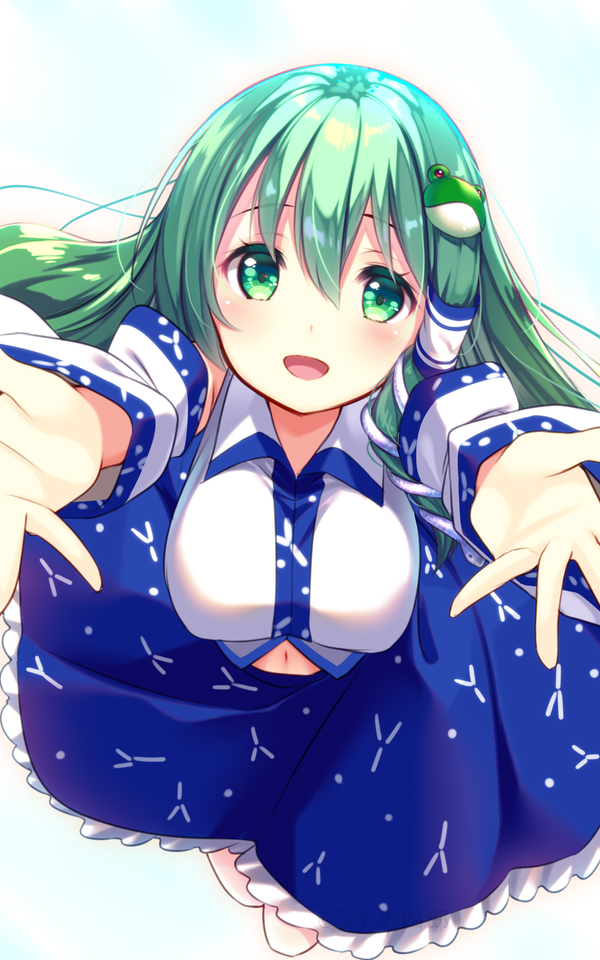 1girl blue_skirt breasts detached_sleeves frog_hair_ornament green_eyes green_hair hair_ornament kochiya_sanae long_hair looking_at_viewer midriff navel open_mouth outstretched_arms outstretched_hand shirt simple_background skirt smile snake_hair_ornament solo touhou usume_shirou white_background white_shirt white_sleeves