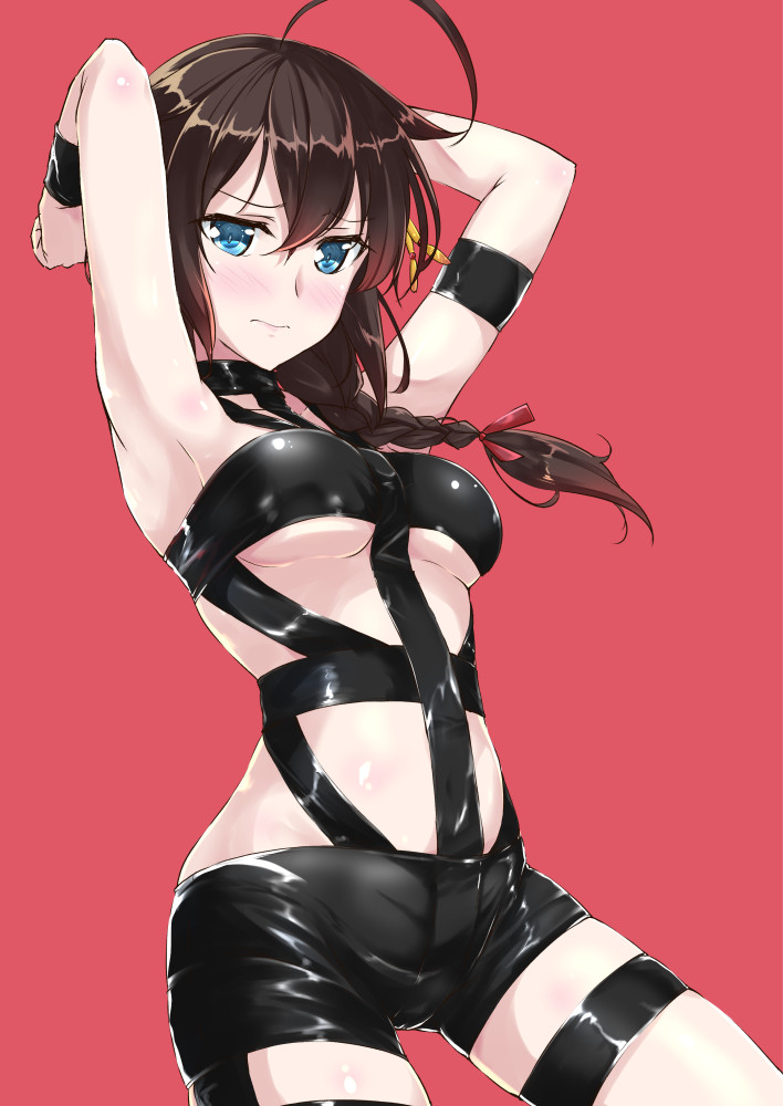 1girl ahoge alternate_costume armpits arms_up black_hair blue_eyes bondage_outfit braid breasts closed_mouth commentary_request cowboy_shot hair_flaps hair_ornament hair_over_shoulder hot_limit kantai_collection medium_breasts mikage_takashi red_background remodel_(kantai_collection) shigure_(kantai_collection) single_braid solo under_boob