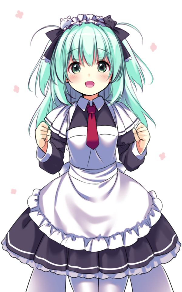 1girl apron aqua_eyes aqua_hair black_dress character_request clenched_hands copyright_request dress long_hair maid maid_headdress necktie open_mouth pantyhose red_neckwear ribbon simple_background smile solo two_side_up usume_shirou virtual_youtuber white_apron white_background white_legwear