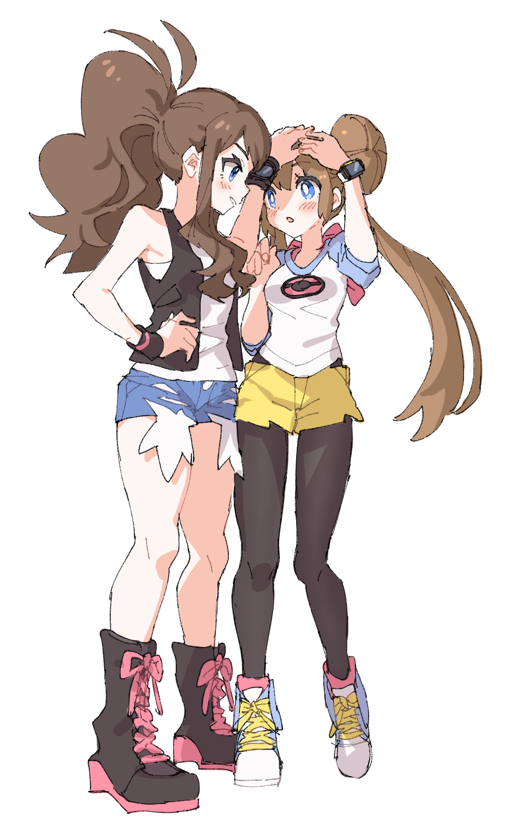 2girls ankea_(a-ramo-do) black_footwear black_legwear blue_eyes blue_shorts blue_sleeves blush boots brown_hair eye_contact floating_hair full_body grin hair_bun hand_on_hip high_ponytail highres long_hair looking_at_another mei_(pokemon) multiple_girls open_mouth pantyhose pokemon pokemon_(game) pokemon_bw pokemon_bw2 print_shirt shiny shiny_hair shirt short_shorts shorts simple_background sketch sleeveless sleeveless_shirt smile standing torn_clothes torn_shorts touko_(pokemon) twintails very_long_hair white_background white_shirt yellow_shorts