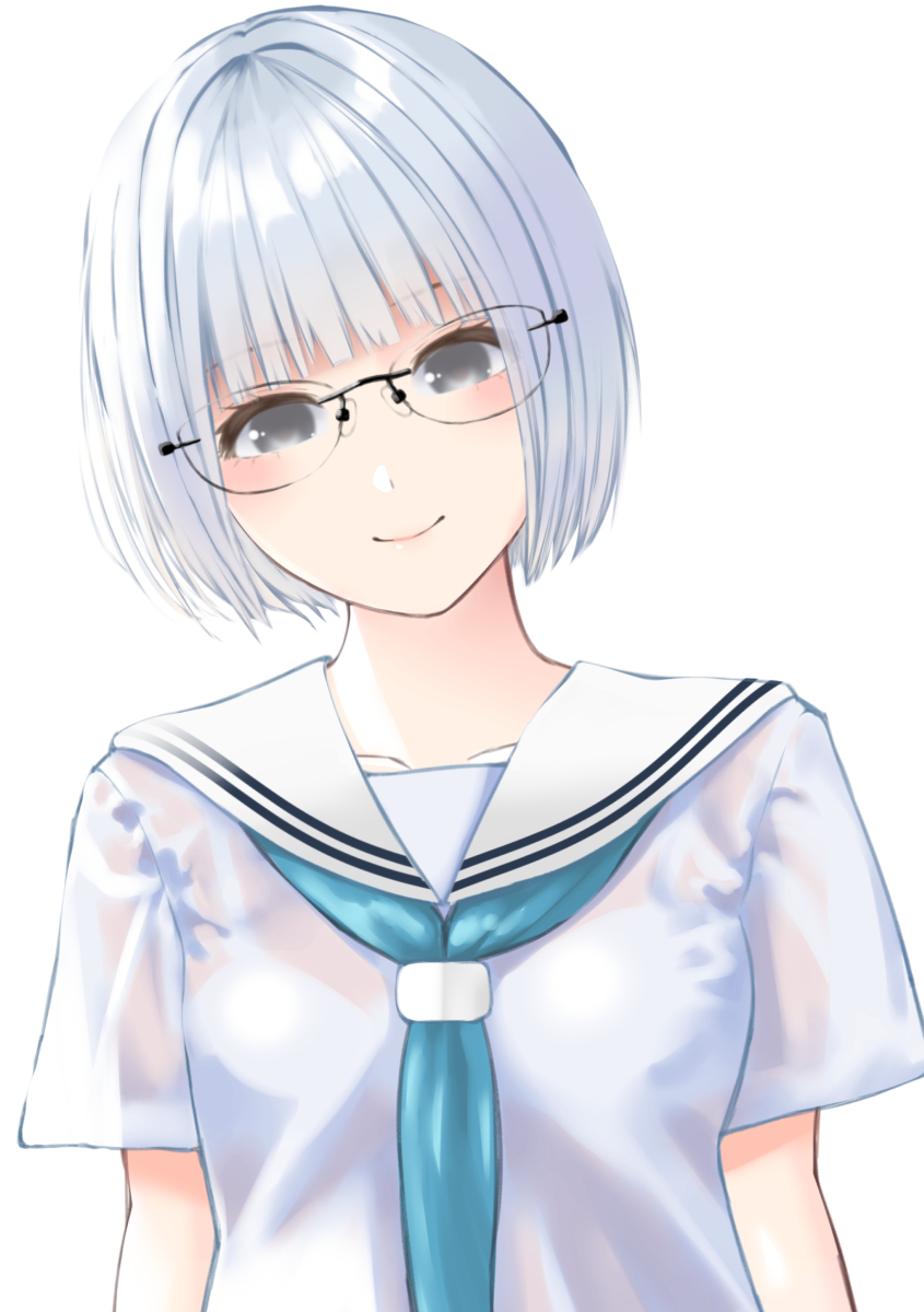 1girl bob_cut bralines glasses grey_eyes grey_hair hami_(hami-gerden) highres original school_uniform see-through serafuku shirt short_hair simple_background smile uniform upper_body wet wet_clothes white_background white_shirt