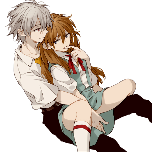 0930erina 1boy 1girl bangs belt black_pants blue_eyes blue_skirt collar eyebrows_visible_through_hair grey_hair hair_between_eyes holding_hands long_hair lowres nagisa_kaworu neck_ribbon neon_genesis_evangelion orange_hair pants red_eyes ribbon school_uniform shirt short_hair short_sleeves simple_background sitting skirt souryuu_asuka_langley unbuttoned unbuttoned_shirt white_background white_collar white_shirt