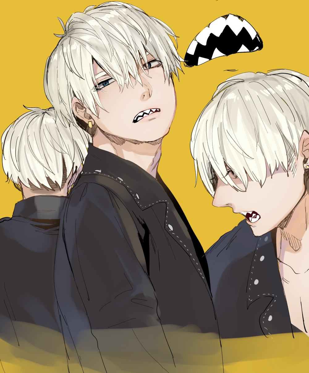 1boy black_jacket blonde_hair blue_eyes earrings face hair_between_eyes hatching_(texture) highres jacket jewelry male_focus multiple_views nekometaru open_mouth original parted_lips sharp_teeth shirtless simple_background single_earring teeth upper_body yellow_background