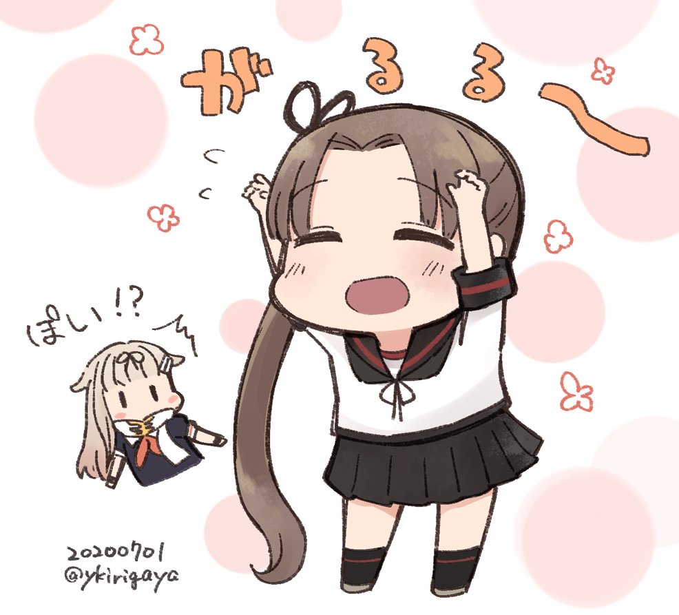2girls ayanami_(kantai_collection) black_ribbon blonde_hair blush blush_stickers brown_hair brown_sailor_collar chibi claw_pose closed_eyes commentary_request dated eyebrows_visible_through_hair hair_flaps hair_ornament hair_ribbon hairclip kantai_collection kirigaya_yuuji long_hair looking_at_another multiple_girls open_mouth remodel_(kantai_collection) ribbon sailor_collar scarf school_uniform serafuku side_ponytail simple_background skirt smile twitter_username white_scarf yuudachi_(kantai_collection)