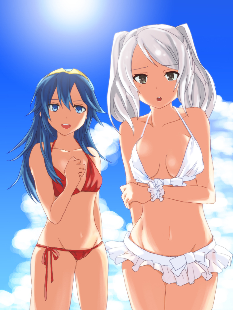 2girls bikini bikini_skirt blue_eyes blue_hair bracelet brown_eyes cute female_my_unit_(fire_emblem:_kakusei) fire_emblem fire_emblem:_kakusei fire_emblem_13 fire_emblem_awakening fire_emblem_heroes intelligent_systems long_hair lucina_(fire_emblem) my_unit_(fire_emblem:_kakusei) navel nintendo red_bikini reflet reflet_(girl) ribbon robin_(fire_emblem) robin_(fire_emblem)_(female) sky summer super_smash_bros. tiara tome_nngn twintails upper_teeth white_bikini white_hair