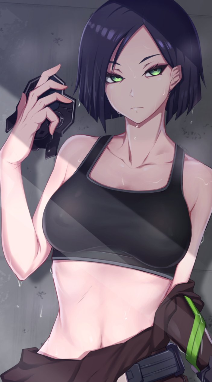 1girl black_bra black_hair bra breasts casual closed_mouth collarbone covered_nipples gas_mask green_eyes highres holding holding_mask looking_at_viewer mask medium_breasts midriff mouth_mask no_mask rubewe short_hair solo sports_bra sweat underwear valorant viper_(valorant) wet