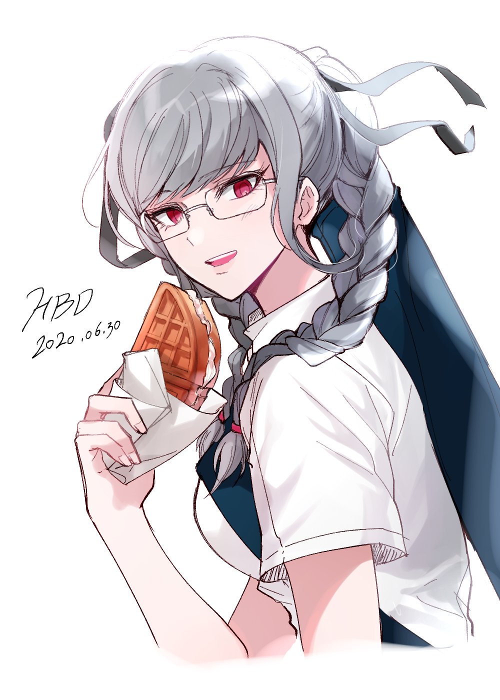 1girl :d braid dangan_ronpa dated eyewear_on_head food glasses hair_ribbon happy_birthday highres long_hair looking_at_viewer open_mouth pekoyama_peko red_eyes ribbon shirt silver_hair smile solo super_dangan_ronpa_2 twin_braids white_shirt