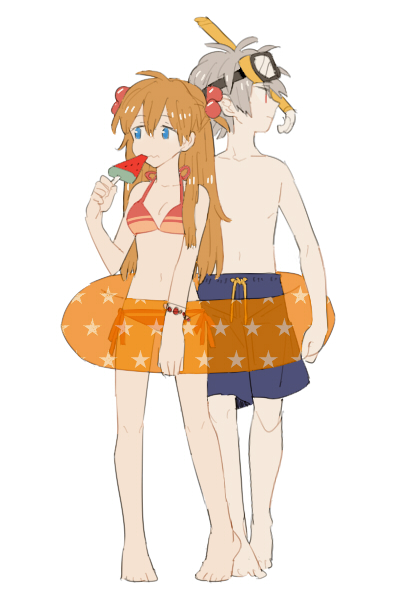 0930erina 1boy 1girl bangs barefoot bikini blue_eyes bracelet food full_body grey_hair hair_between_eyes hair_tie ice_cream jewelry long_hair nagisa_kaworu neon_genesis_evangelion orange_hair red_bikini red_eyes short_hair simple_background souryuu_asuka_langley standing swimsuit white_background