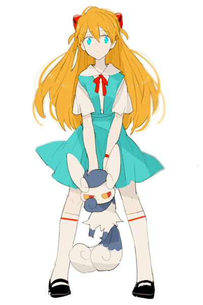 0930erina 1girl bangs black_footwear blue_eyes blue_skirt eyebrows_visible_through_hair hair_between_eyes hair_ornament hairclip long_hair looking_away meowstic meowstic_(female) neck_ribbon neon_genesis_evangelion orange_hair pokemon red_ribbon ribbon school_uniform shirt short_sleeves skirt socks solo souryuu_asuka_langley standing white_legwear white_shirt