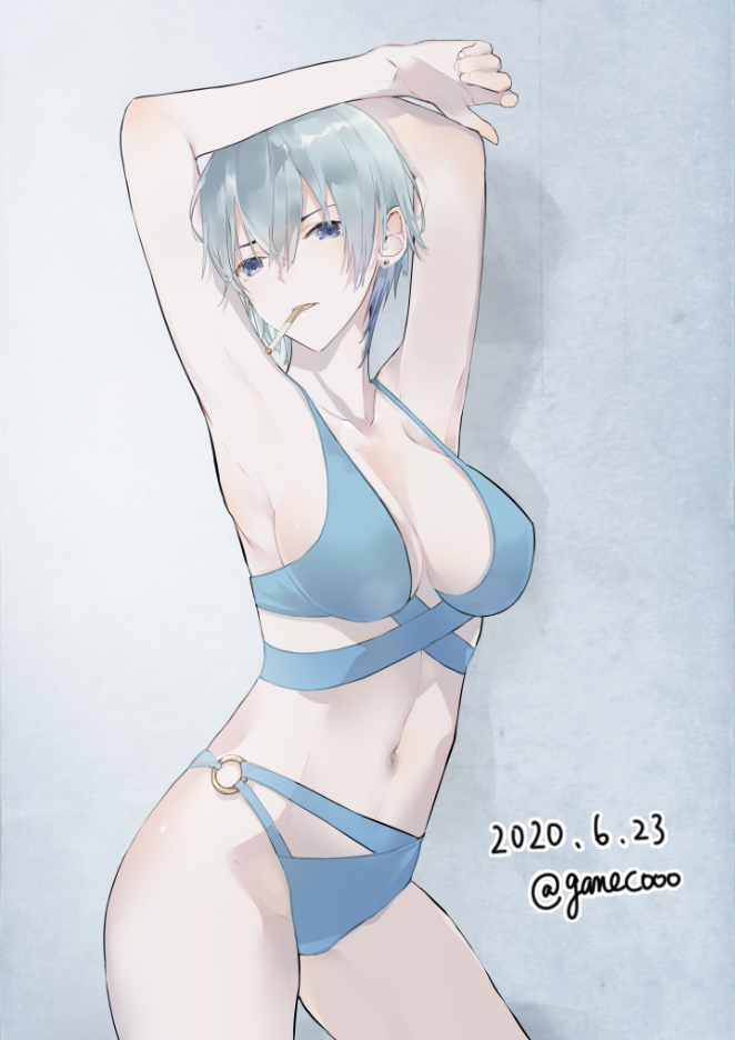 1girl armpits bikini blue_bikini blue_eyes blue_hair cigarette contrapposto cowboy_shot dated drop_shadow earrings fate/zero fate_(series) grey_background hands_above_head hands_up head_tilt jewelry looking_at_viewer mouth_hold natalia_kaminski navel neko_(ganecooo) short_hair signature smoking solo swimsuit twitter_username