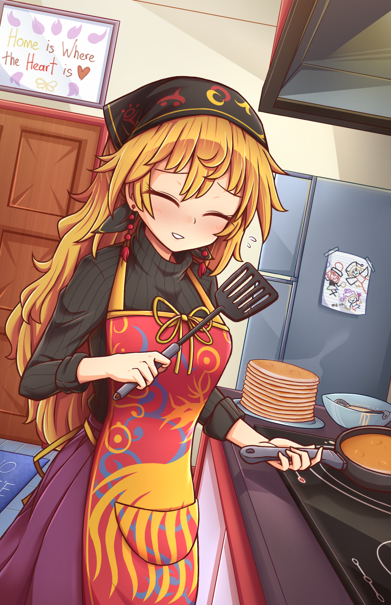 1girl adapted_costume apron black_shirt blonde_hair child_drawing closed_eyes clownpiece contemporary cooking door drawing english_text exhaust_hood food frying_pan hair_between_eyes head_scarf hecatia_lapislazuli highres junko_(touhou) kitchen long_hair long_sleeves looking_at_viewer pancake plate red_eyes refrigerator shirt skirt smile solo spatula stack_of_pancakes stove tape touhou turtleneck very_long_hair wool_(miwol)