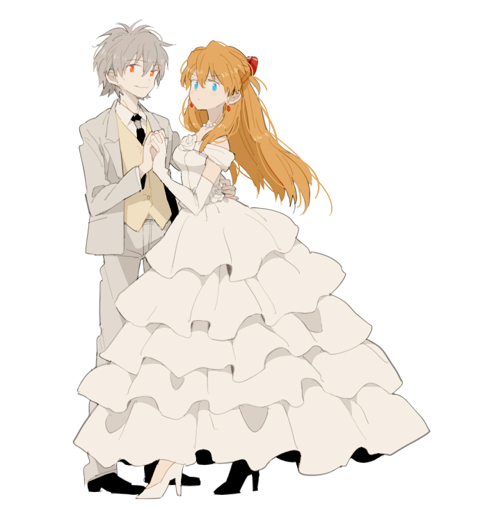 0930erina 1boy 1girl bangs black_footwear blue_eyes collar dress earrings eyebrows_visible_through_hair frilled_dress frills full_body grey_hair grey_jacket grey_pants hair_between_eyes hair_ornament hairclip high_heels holding_hands jacket jewelry long_hair looking_at_viewer nagisa_kaworu necktie neon_genesis_evangelion orange_hair pants red_eyes short_hair simple_background souryuu_asuka_langley standing vest wedding_dress white_background white_collar white_dress white_footwear