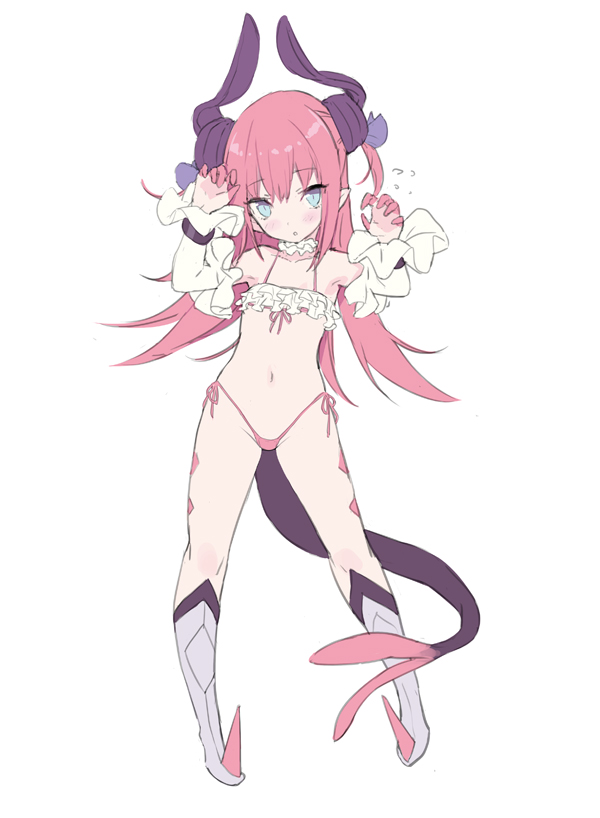 1girl :o arm_up armpits bangs bare_shoulders bikini blade_(galaxist) blue_eyes blue_ribbon blush boots claw_pose curled_horns detached_sleeves dragon_girl dragon_horns dragon_tail elizabeth_bathory_(fate) elizabeth_bathory_(fate)_(all) eyebrows_visible_through_hair fate/extra fate/extra_ccc fate_(series) flying_sweatdrops frilled_bikini frills full_body grey_footwear hair_between_eyes hair_ribbon hand_up highleg highleg_bikini horns knee_boots long_hair long_sleeves looking_at_viewer micro_bikini navel parted_lips pink_bikini pink_hair ribbon side-tie_bikini simple_background solo spiked_boots standing swimsuit tail two_side_up very_long_hair white_background white_sleeves
