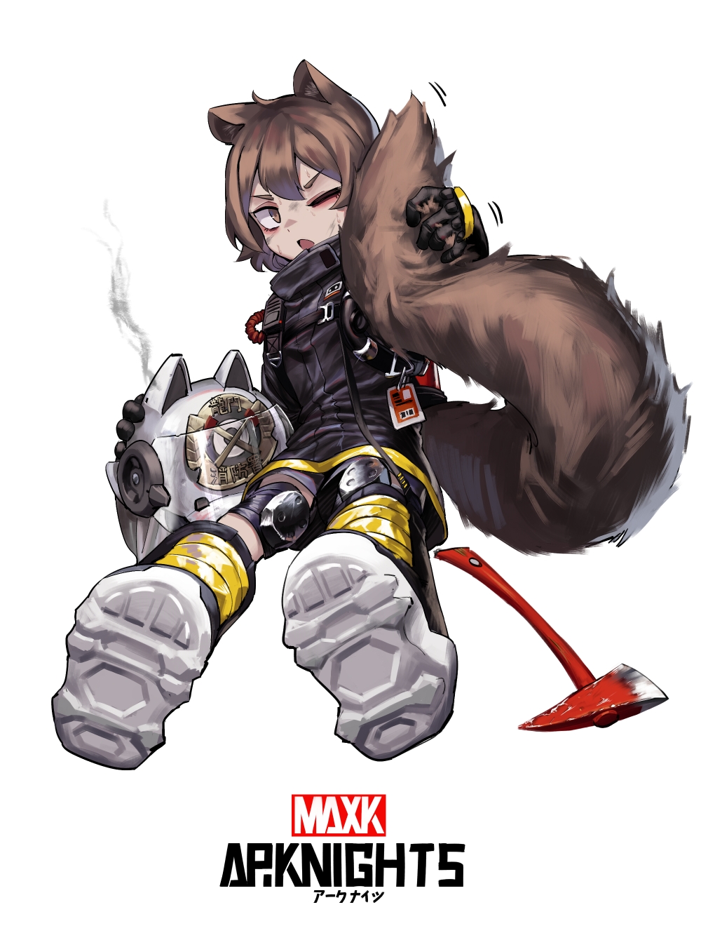 1girl animal_ears arknights artist_name axe boots brown_eyes brown_hair chinese_commentary chunk-san commentary_request copyright_name fire_axe fire_helmet firefighter full_body gloves grabbing_own_tail grimace highres knee_pads large_tail medium_hair one_eye_closed petite shaw_(arknights) simple_background sitting solo squirrel_ears squirrel_girl squirrel_tail tail v-shaped_eyebrows white_background wiping_face