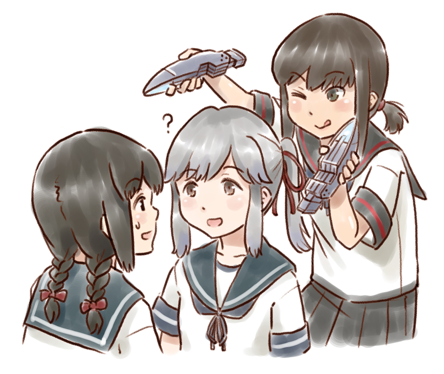 3girls ? black_eyes black_hair black_sailor_collar blue_neckwear blue_sailor_collar braid brown_eyes commentary_request cowboy_shot fubuki_(kantai_collection) grey_hair hair_between_eyes hair_ribbon headgear isonami_(kantai_collection) kantai_collection karasu_(naoshow357) long_hair low_ponytail multiple_girls neckerchief one_eye_closed ponytail red_ribbon remodel_(kantai_collection) ribbon sailor_collar school_uniform serafuku short_ponytail sidelocks twin_braids upper_body usugumo_(kantai_collection)