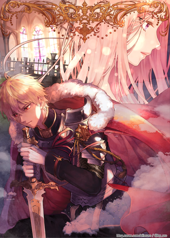 1boy 1girl armor blissuro blonde_hair cape chainmail cover cover_page fantasy gloves kneeling original pink_hair red_cape red_eyes sword violet_eyes watermark weapon web_address white_gloves