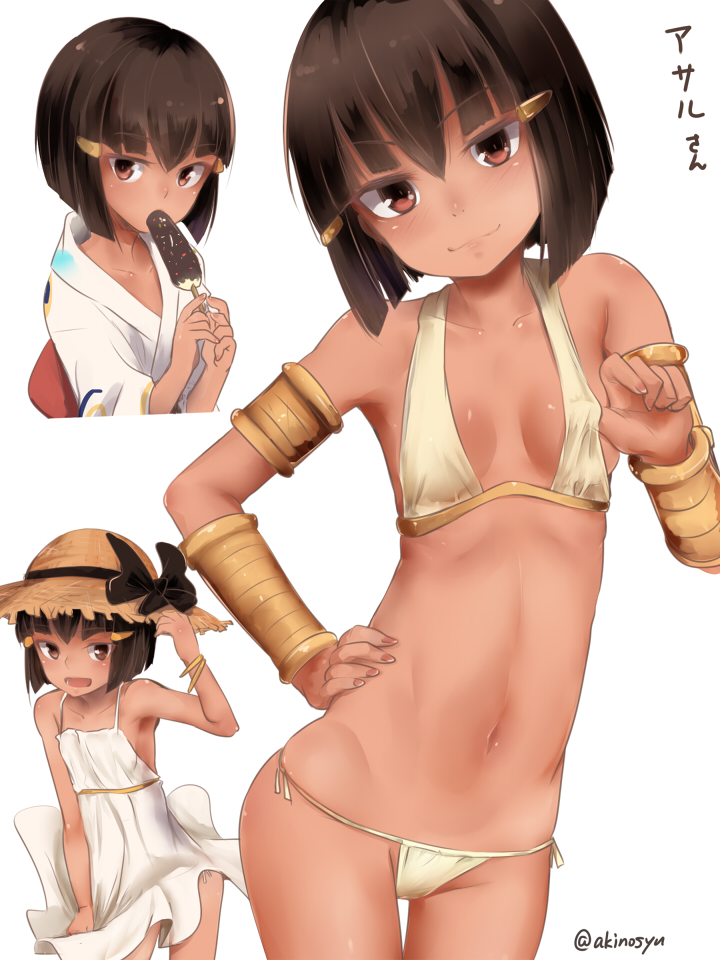 1girl akino_shuu arm_up assal_(sennen_sensou_aigis) bangs bare_arms bare_shoulders black_bow black_hair bow breasts brown_eyes brown_headwear closed_mouth collarbone commentary_request cropped_torso dark_skin dress eyebrows_visible_through_hair hair_between_eyes hair_ornament hairclip hand_on_headwear hand_on_hip hat hat_bow japanese_clothes kimono long_sleeves navel revealing_clothes sennen_sensou_aigis simple_background sleeveless sleeveless_dress small_breasts smile solo straw_hat sundress translation_request twitter_username upper_body white_background white_dress white_kimono wide_sleeves