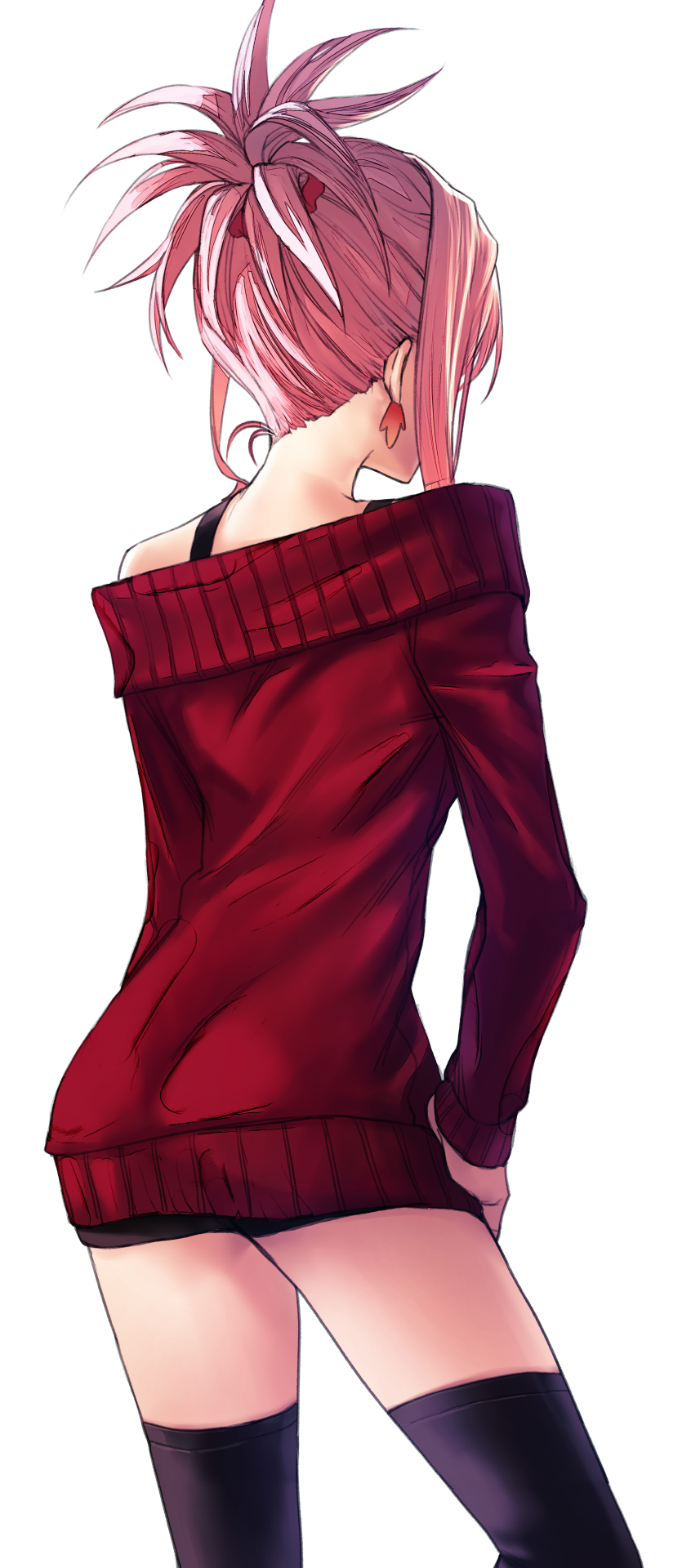 1girl applekun ass back bangs blush breasts earrings fate/grand_order fate_(series) hair_ornament hair_scrunchie highres jewelry large_breasts long_hair looking_at_viewer miyamoto_musashi_(fate/grand_order) off-shoulder_sweater off_shoulder open_mouth pink_hair ponytail red_scrunchie red_sweater scrunchie smile sweater thigh-highs
