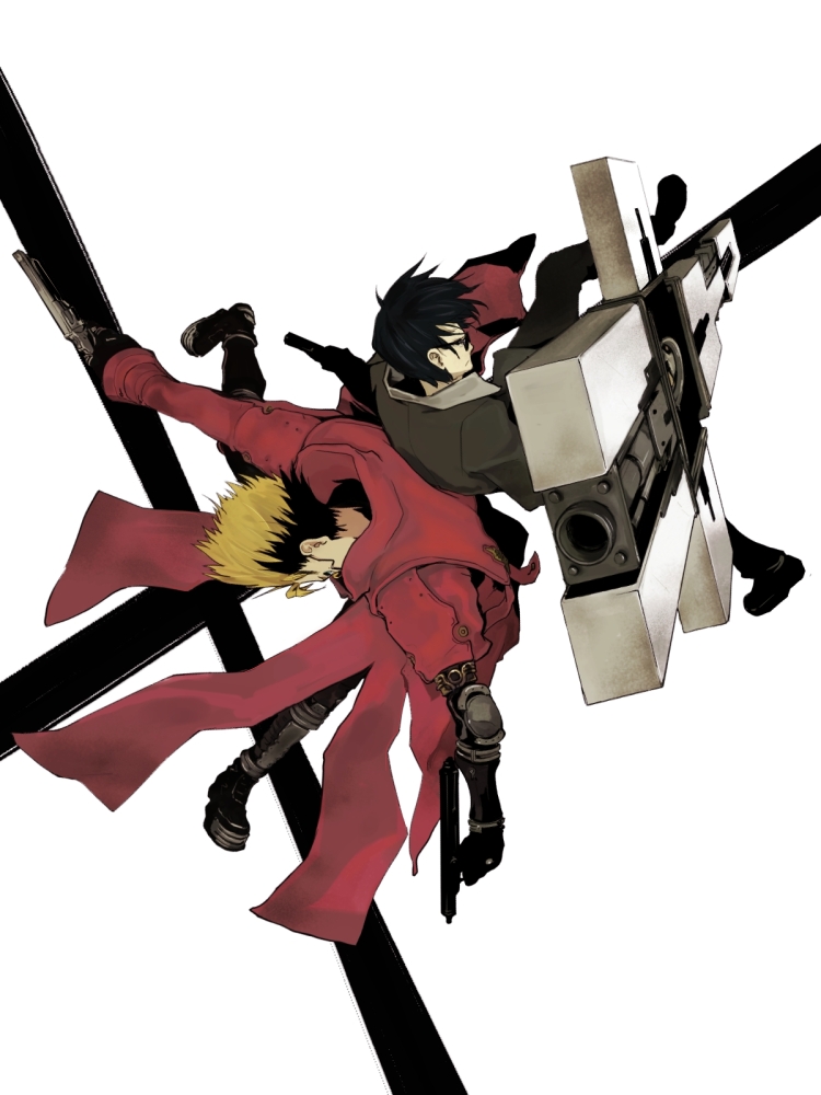 2boys black_hair blonde_hair boots brown_hair coat cross dual_wielding elbow_pads formal glasses gun handgun holding holding_gun holding_weapon huge_weapon male_focus multicolored multiple_boys pistol red_coat simple_background suit trigun vash_the_stampede weapon white_background yunar